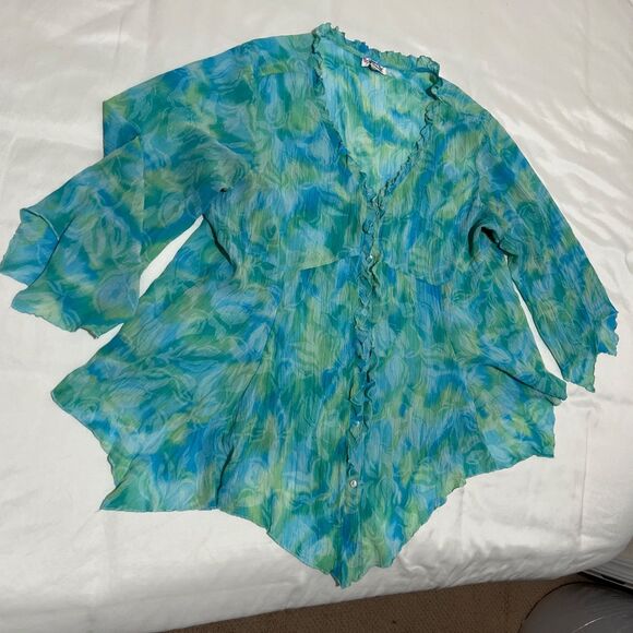 Coldwater Creek Top Button Up Swim Cover Up Aqua Blue Floral Sheer Lightweight - Picture 1 of 10